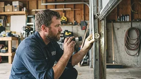 Technician inspecting garage door hardware